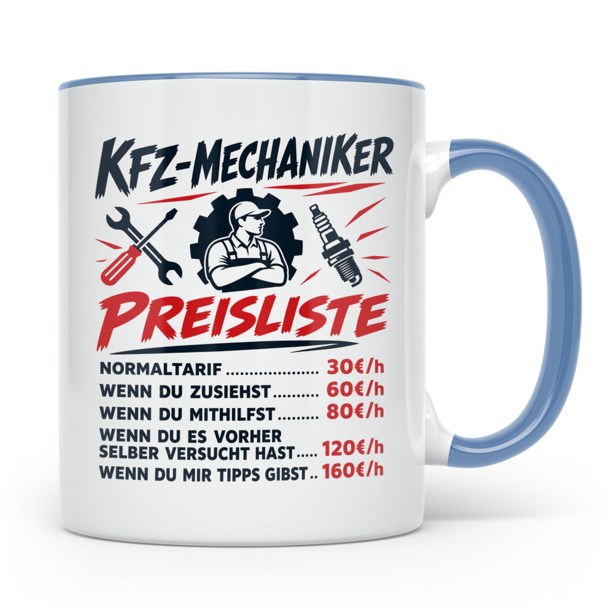 KFZ Mechaniker Tasse mit lustiger Preisliste, Geschenk für A – Blau [farbe:blau]