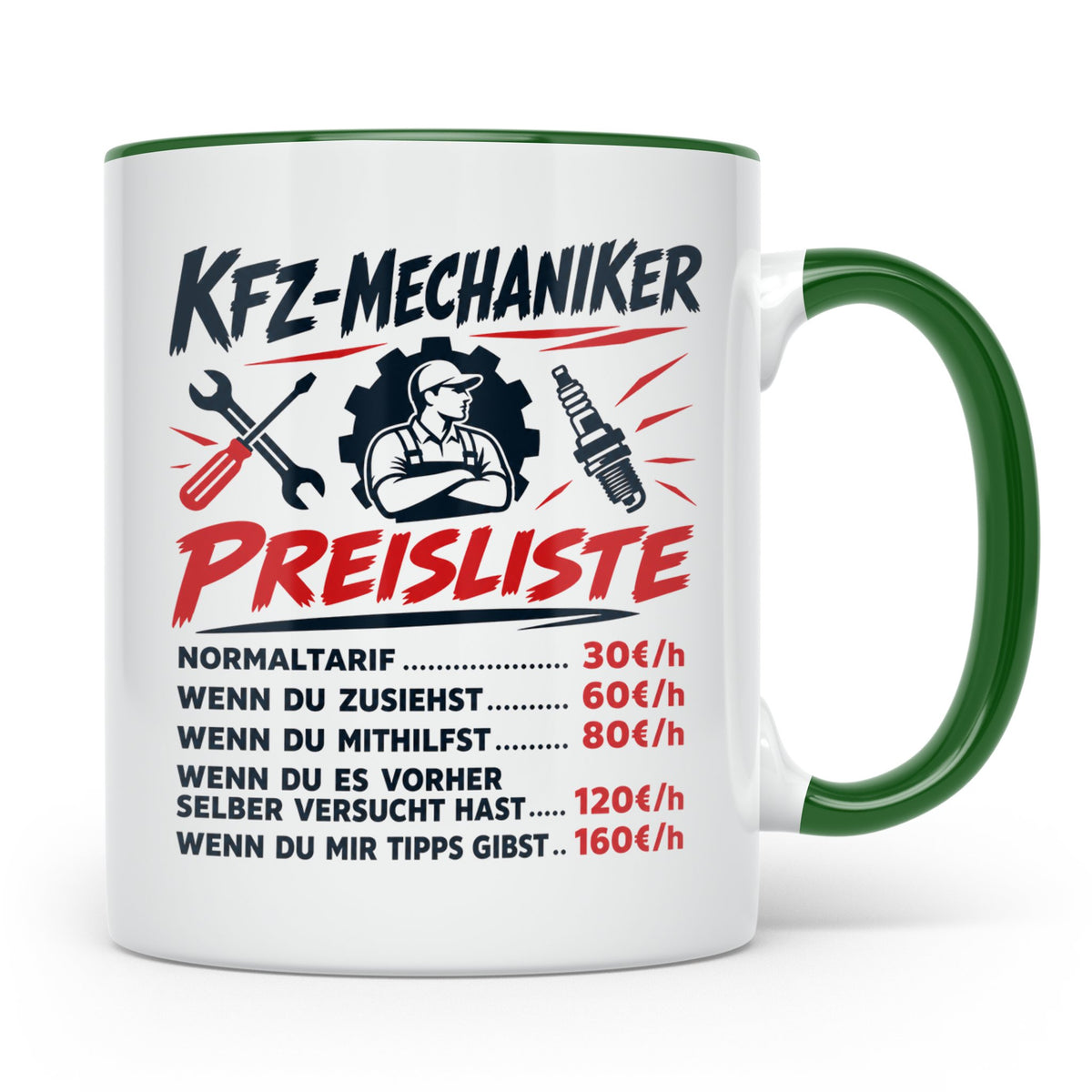 KFZ Mechaniker Tasse mit lustiger Preisliste, Geschenk für A – Grün [farbe:grün]