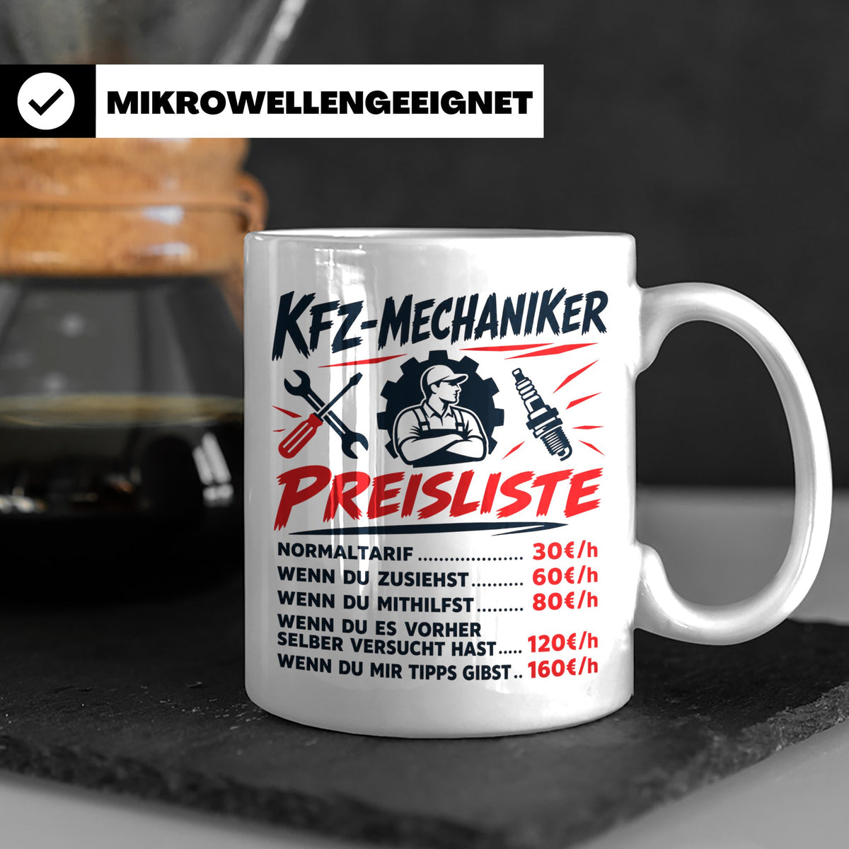 KFZ Mechaniker Tasse mit lustiger Preisliste, Geschenk für A – Weiß [farbe:weiß]