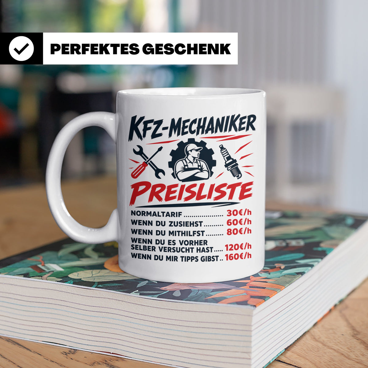 KFZ Mechaniker Tasse mit lustiger Preisliste, Geschenk für A – Weiß [farbe:weiß]