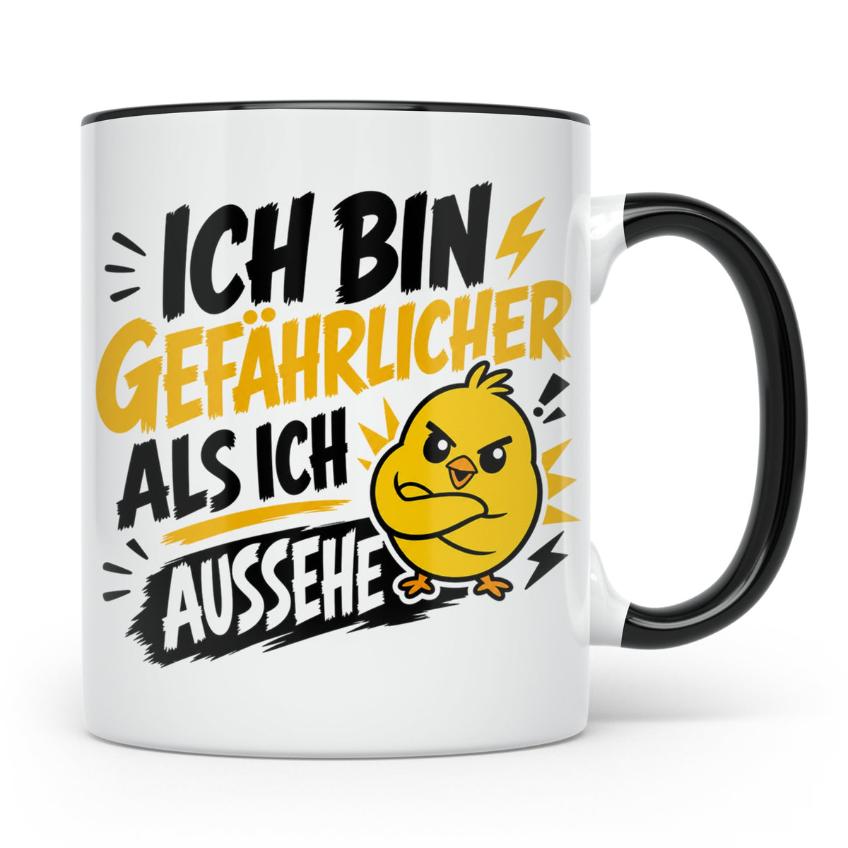 Gefährlicher als ich aussehe Tasse mit bösem Küken Motiv, lu – Schwarz [farbe:schwarz]
