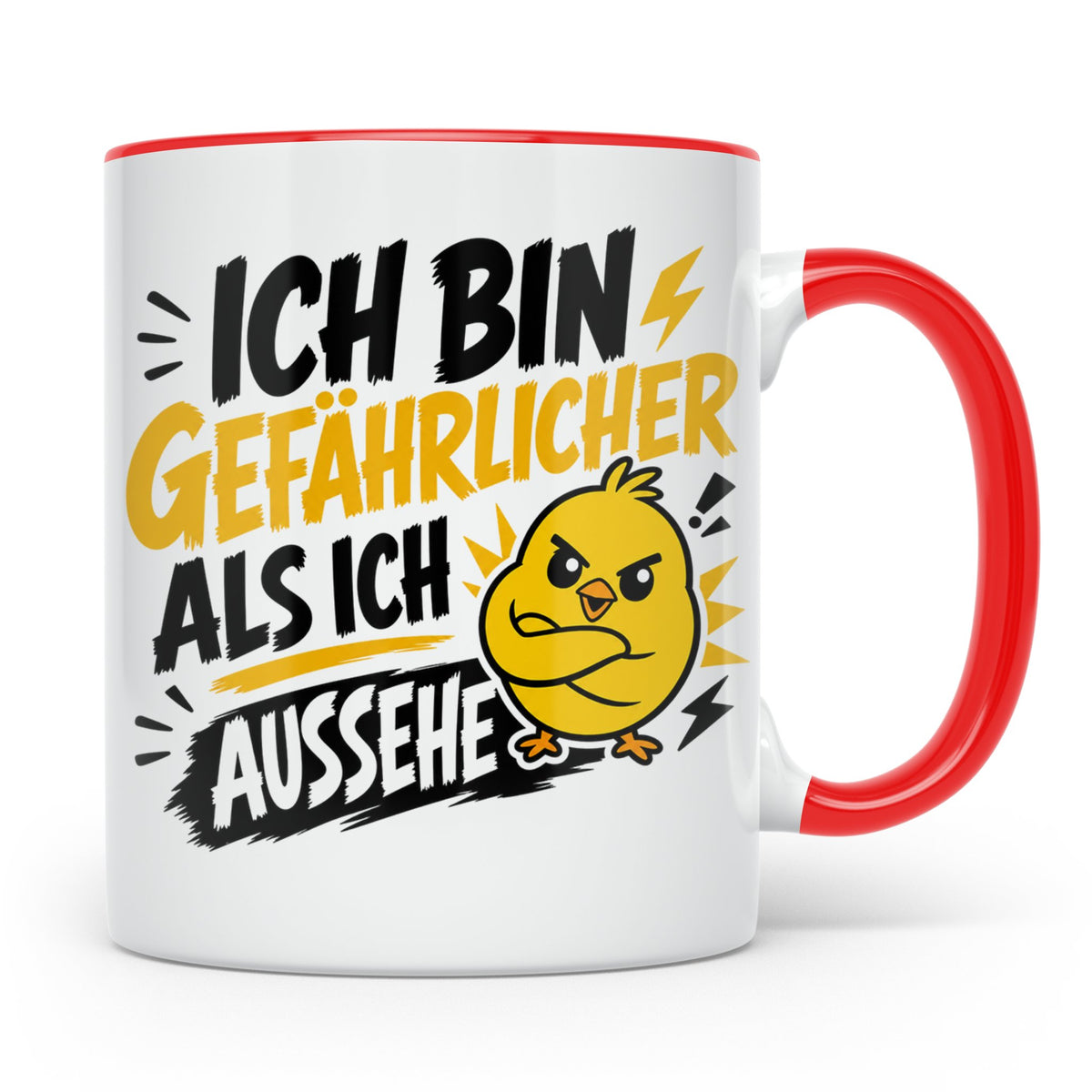 Gefährlicher als ich aussehe Tasse mit bösem Küken Motiv, lu – Rot [farbe:rot]