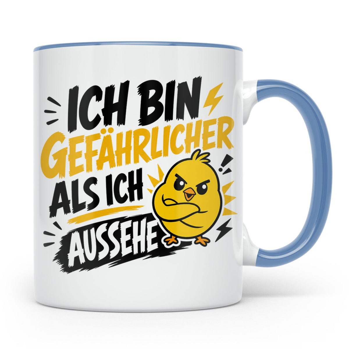 Gefährlicher als ich aussehe Tasse mit bösem Küken Motiv, lu – Blau [farbe:blau]