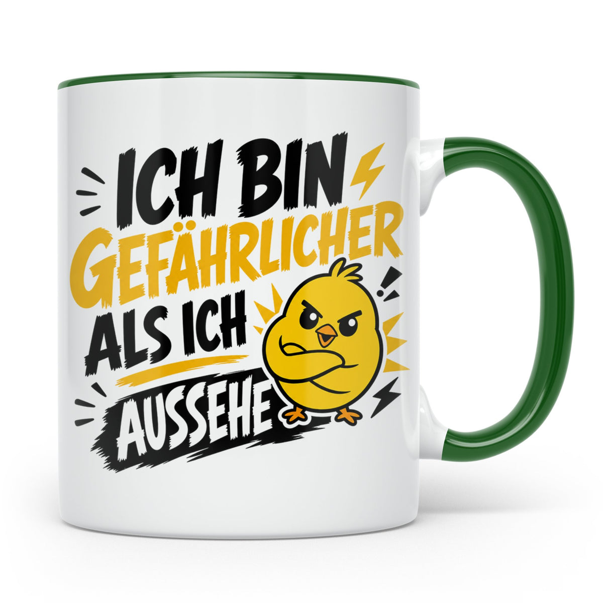 Gefährlicher als ich aussehe Tasse mit bösem Küken Motiv, lu – Grün [farbe:grün]