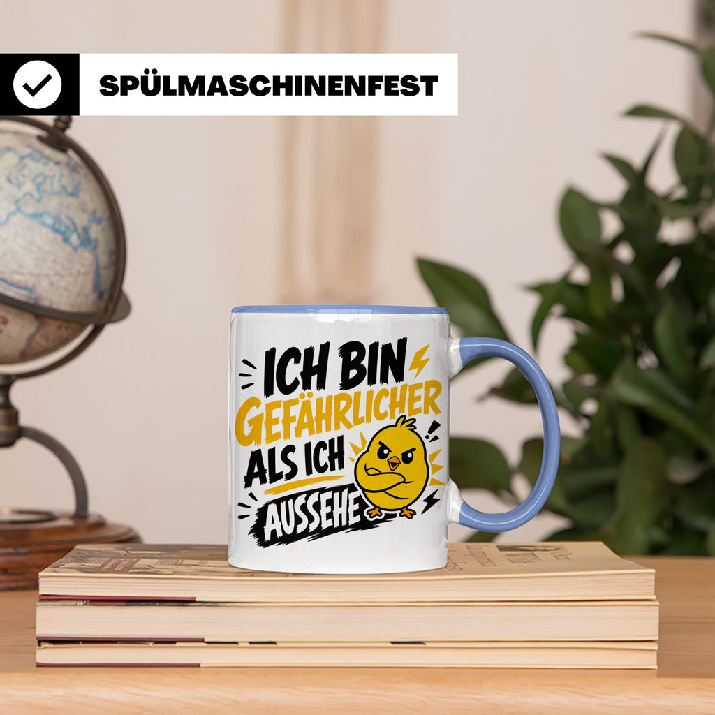 Gefährlicher als ich aussehe Tasse mit bösem Küken Motiv, lu – Blau [farbe:blau]