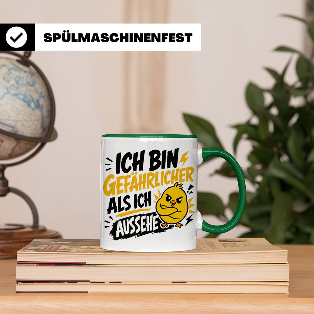 Gefährlicher als ich aussehe Tasse mit bösem Küken Motiv, lu – Grün [farbe:grün]