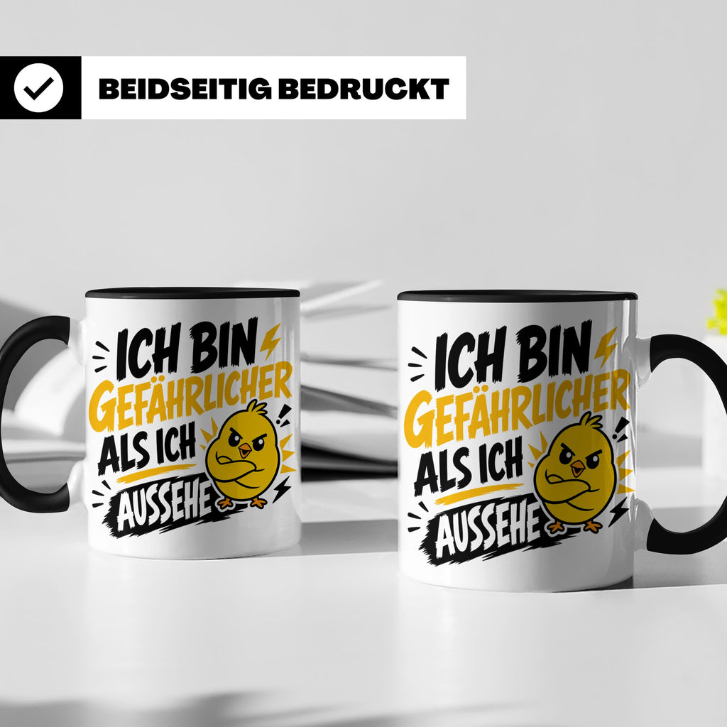 Gefährlicher als ich aussehe Tasse mit bösem Küken Motiv, lu – Schwarz [farbe:schwarz]