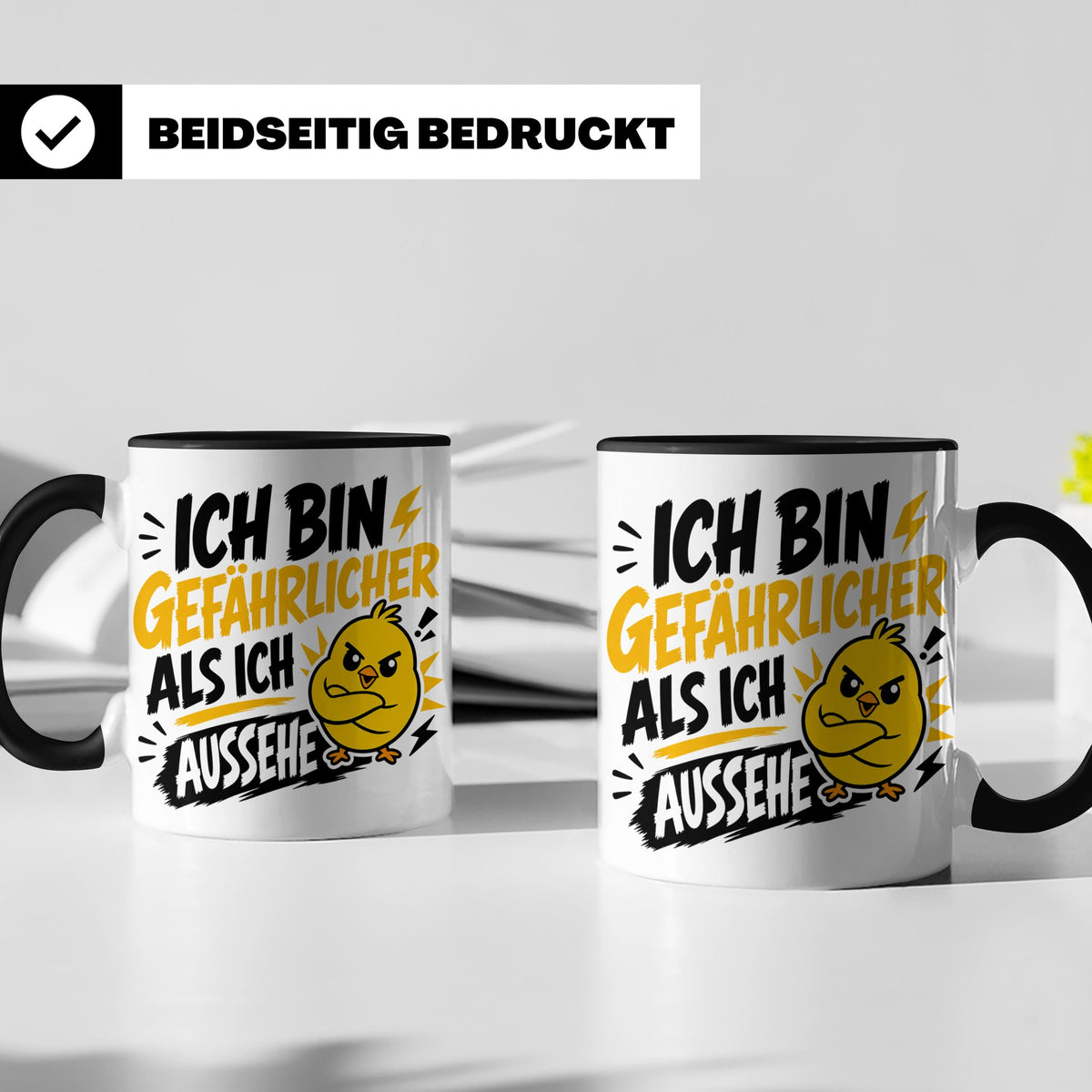 Gefährlicher als ich aussehe Tasse mit bösem Küken Motiv, lu – Schwarz [farbe:schwarz]