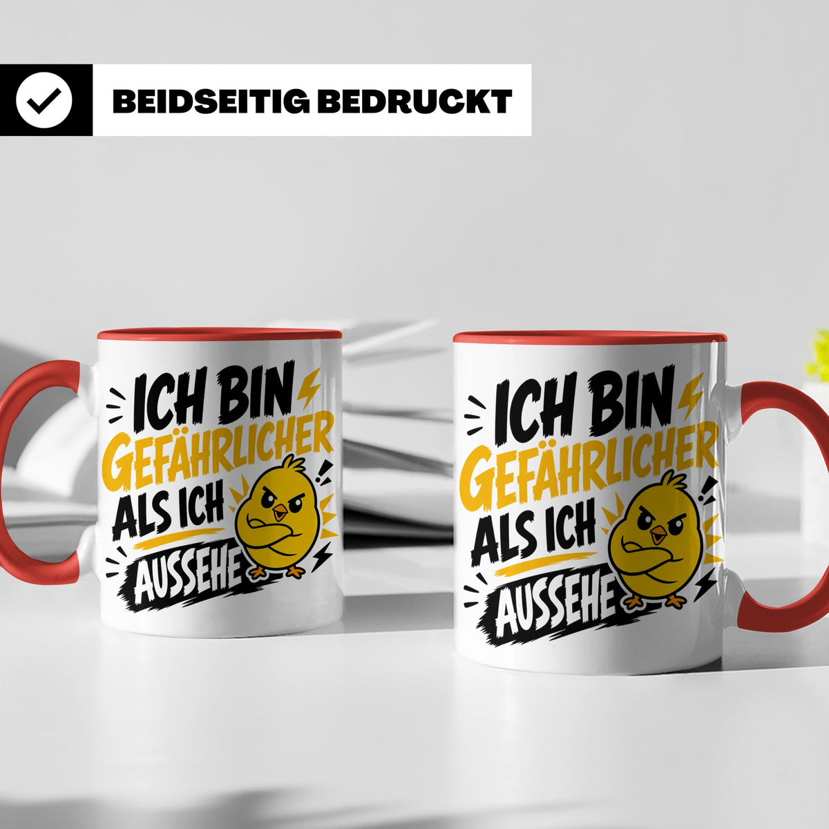 Gefährlicher als ich aussehe Tasse mit bösem Küken Motiv, lu – Rot [farbe:rot]