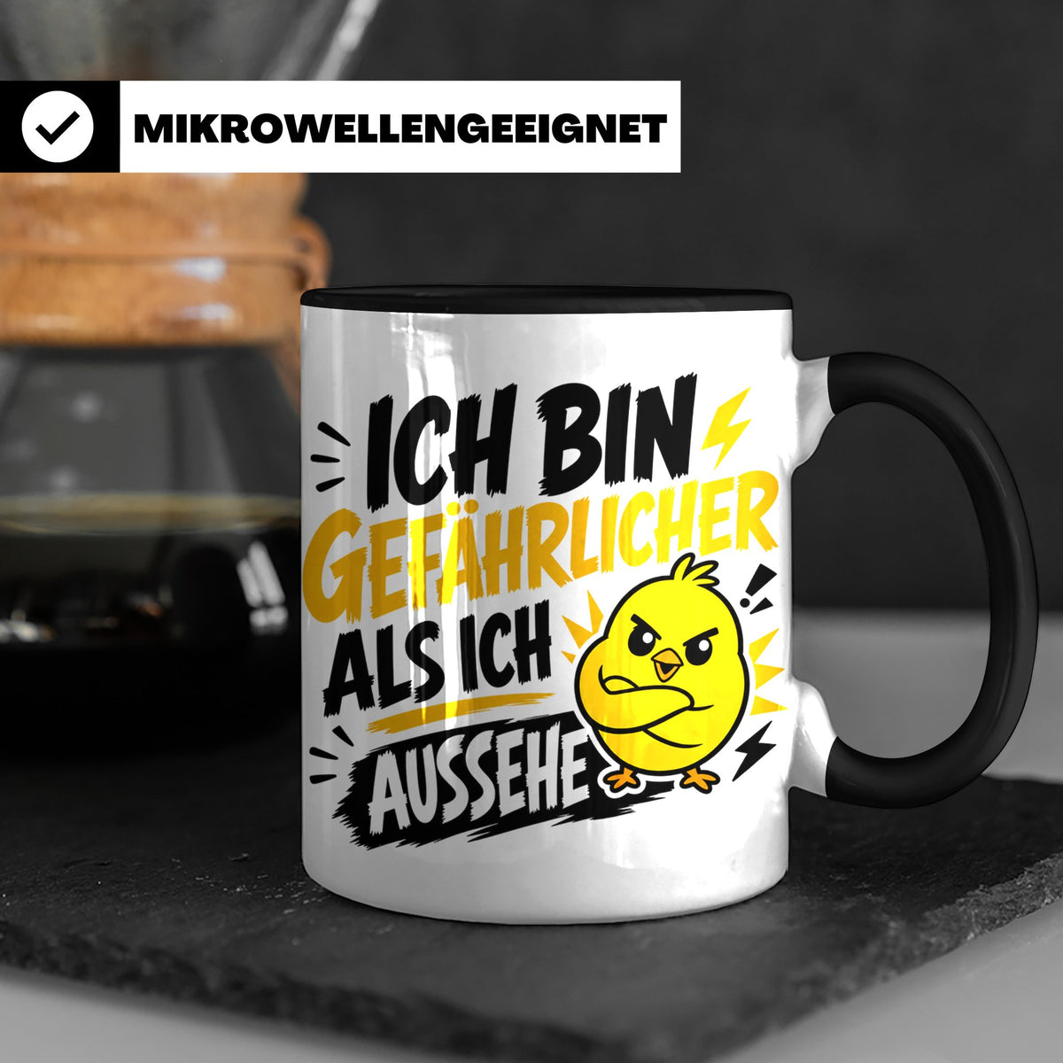 Gefährlicher als ich aussehe Tasse mit bösem Küken Motiv, lu – Schwarz [farbe:schwarz]