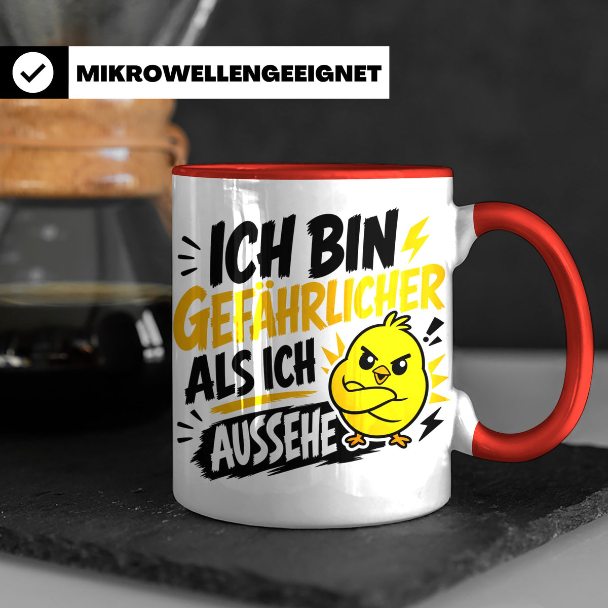 Gefährlicher als ich aussehe Tasse mit bösem Küken Motiv, lu – Rot [farbe:rot]