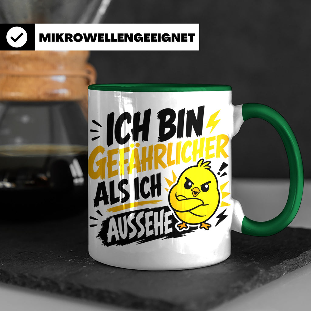 Gefährlicher als ich aussehe Tasse mit bösem Küken Motiv, lu – Grün [farbe:grün]
