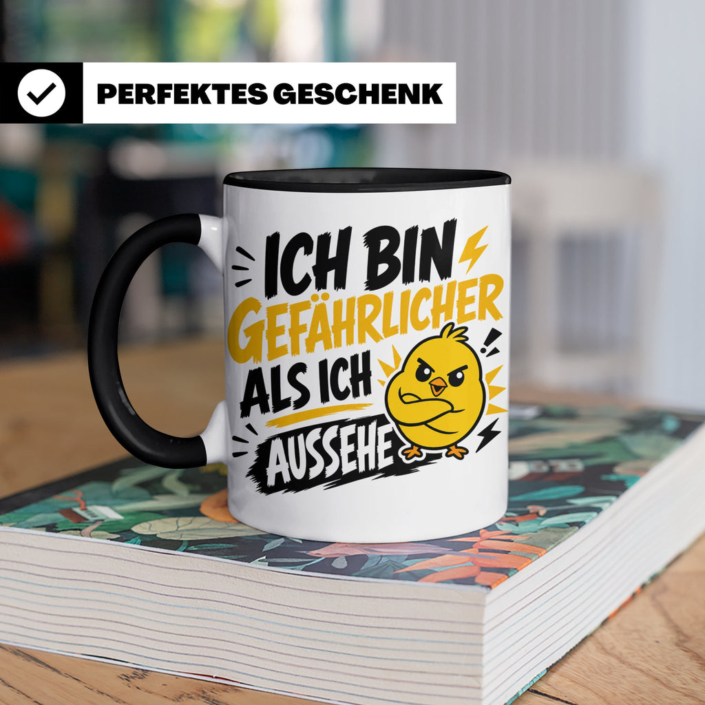 Gefährlicher als ich aussehe Tasse mit bösem Küken Motiv, lu – Schwarz [farbe:schwarz]