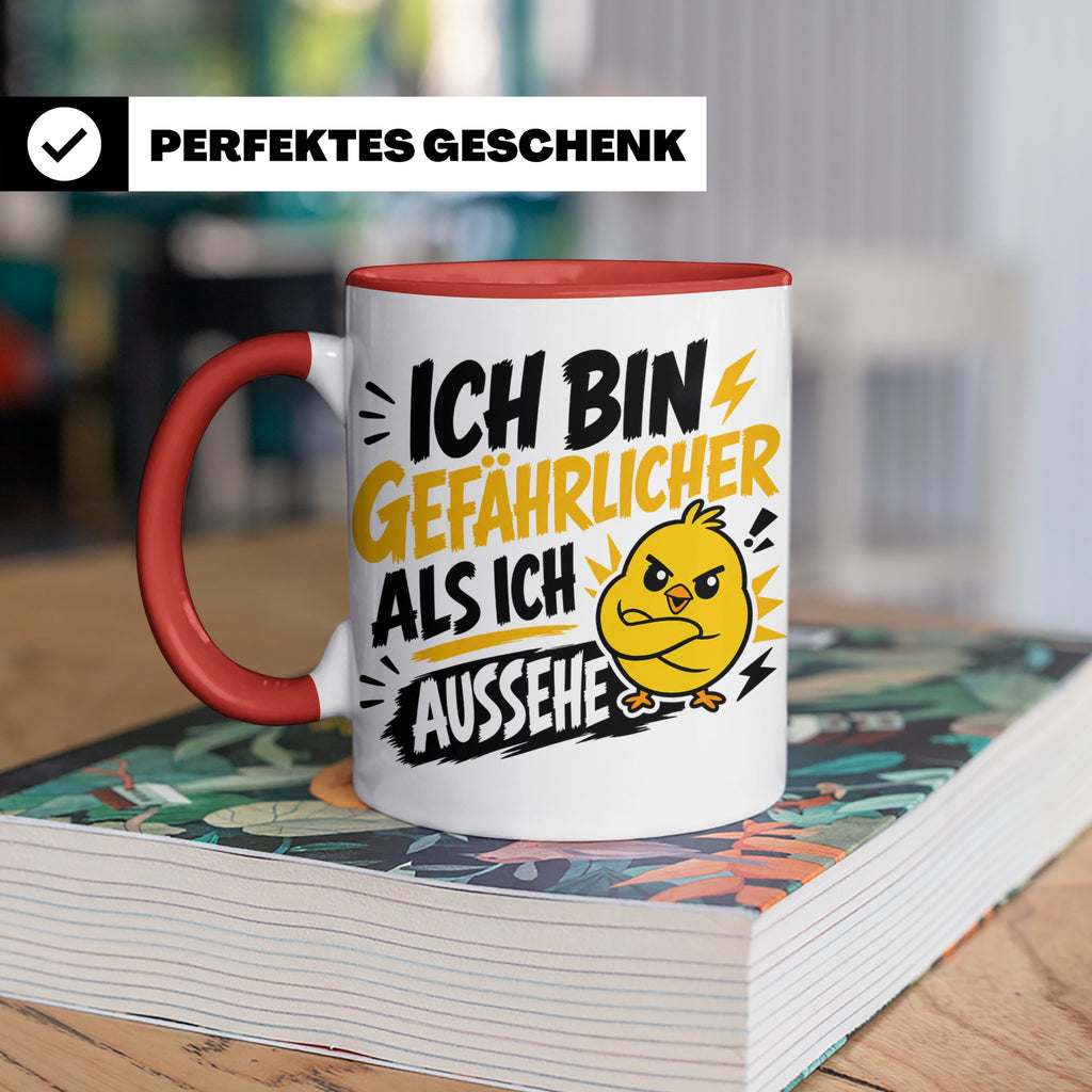 Gefährlicher als ich aussehe Tasse mit bösem Küken Motiv, lu – Rot [farbe:rot]