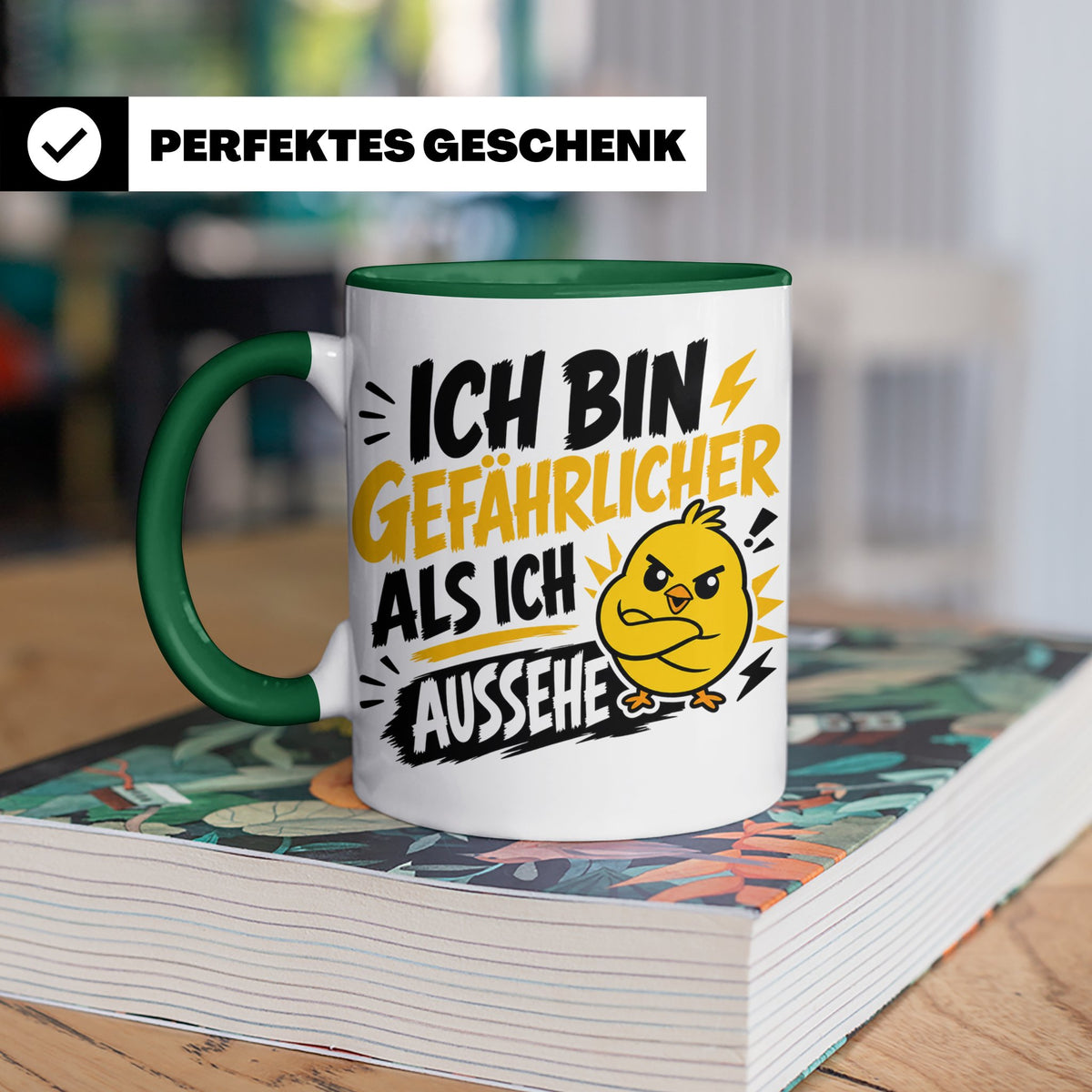 Gefährlicher als ich aussehe Tasse mit bösem Küken Motiv, lu – Grün [farbe:grün]