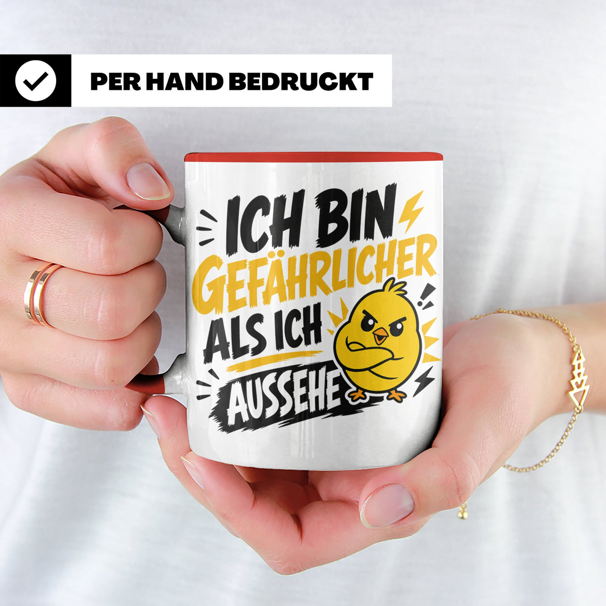 Gefährlicher als ich aussehe Tasse mit bösem Küken Motiv, lu – Rot [farbe:rot]