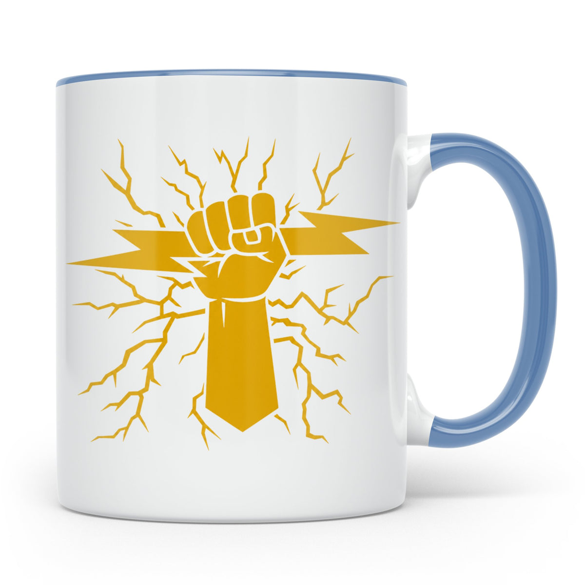 Starkstrom Tasse für Elektriker, Faust greift Blitz, Kaffeeb – Blau [farbe:blau]