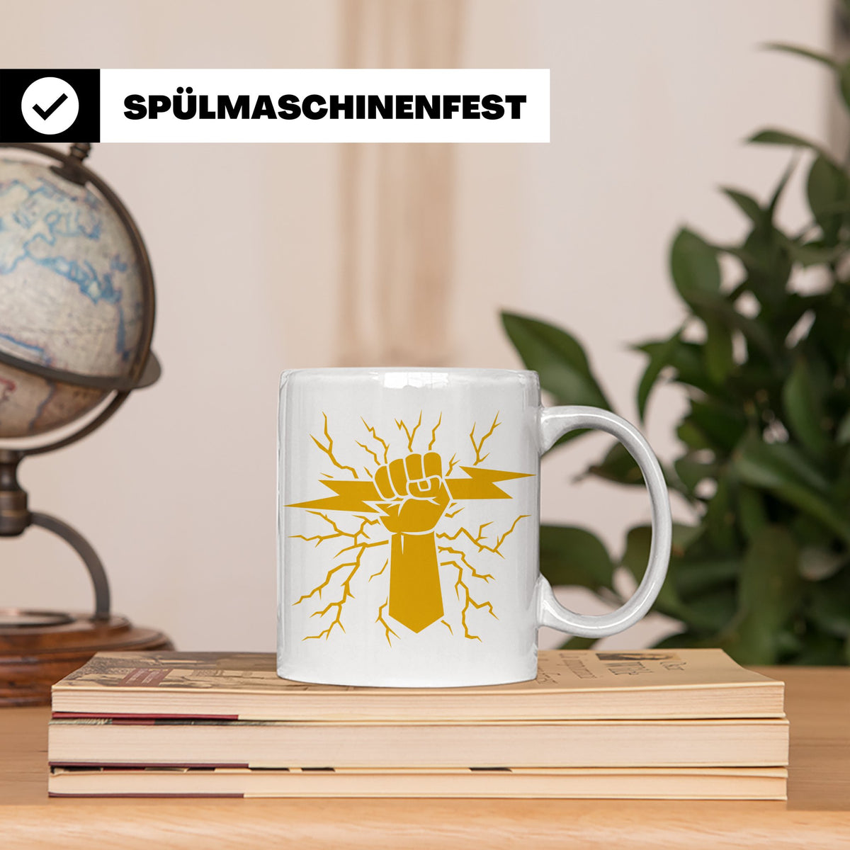 Starkstrom Tasse für Elektriker, Faust greift Blitz, Kaffeeb – Weiß [farbe:weiß]
