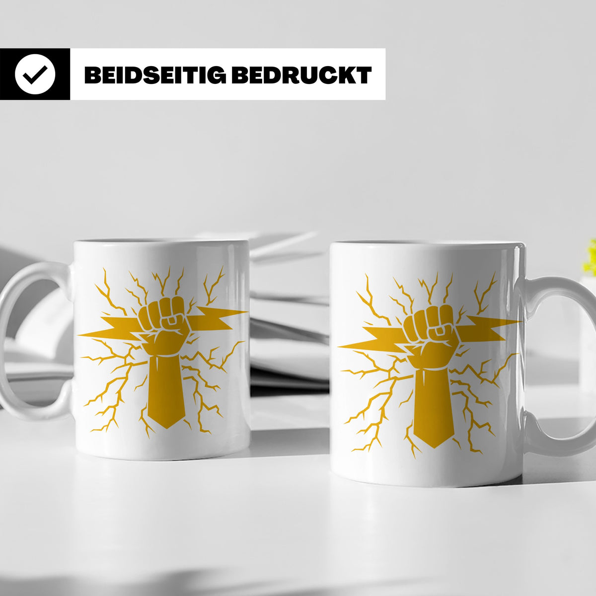 Starkstrom Tasse für Elektriker, Faust greift Blitz, Kaffeeb – Weiß [farbe:weiß]