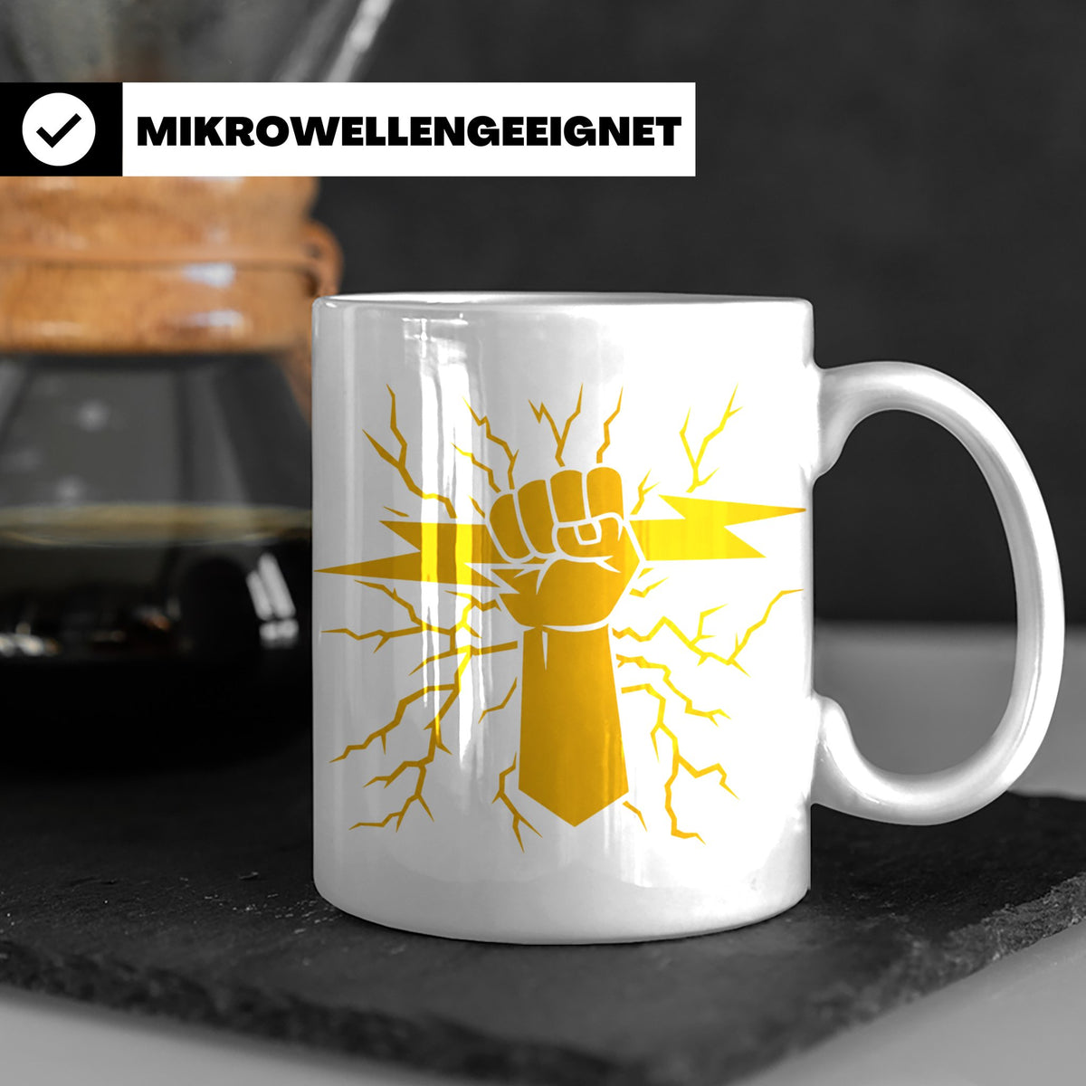 Starkstrom Tasse für Elektriker, Faust greift Blitz, Kaffeeb – Weiß [farbe:weiß]
