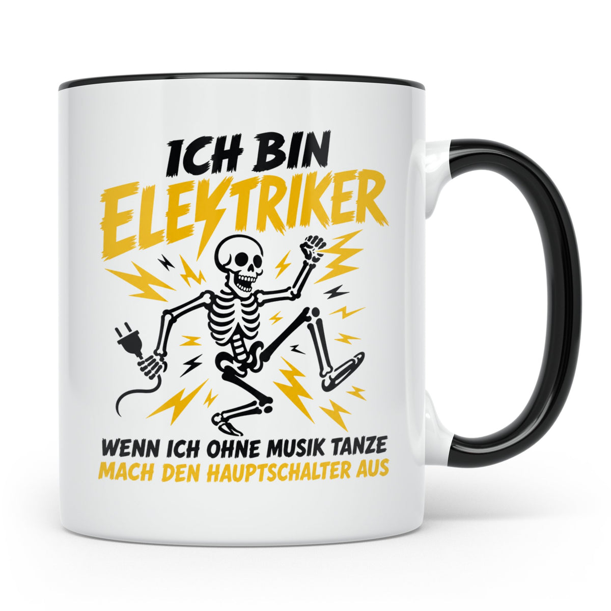 Elektriker Tasse mit lustigem Spruch Skelett Stromschlag, Ge – Schwarz [farbe:schwarz]