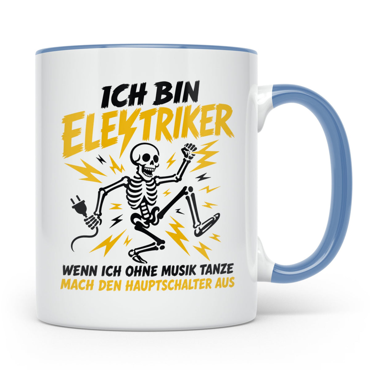 Elektriker Tasse mit lustigem Spruch Skelett Stromschlag, Ge – Blau [farbe:blau]