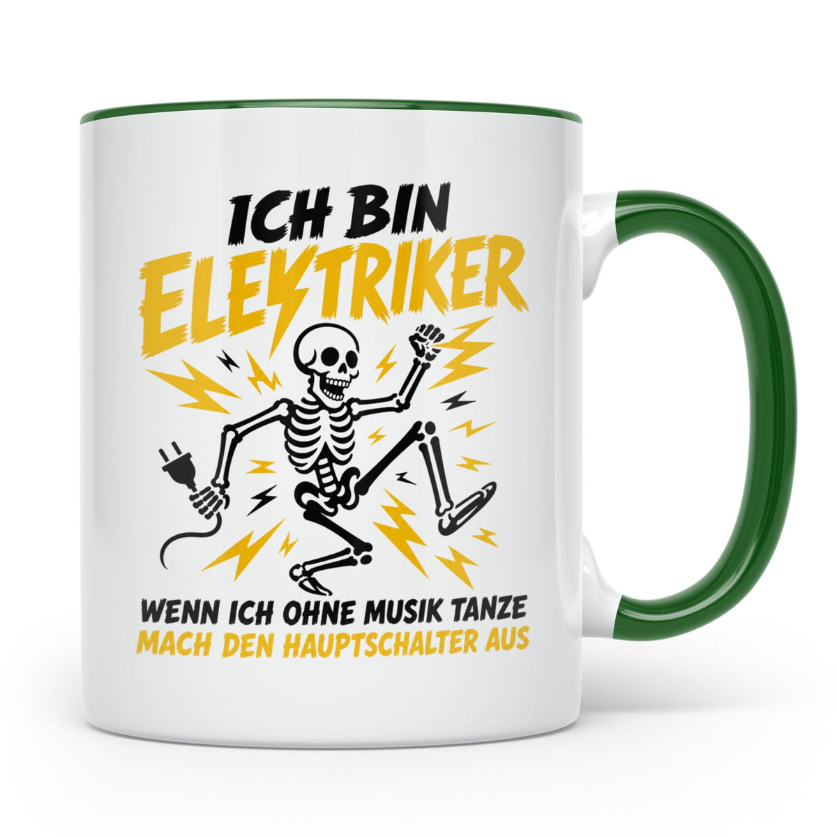 Elektriker Tasse mit lustigem Spruch Skelett Stromschlag, Ge – Grün [farbe:grün]