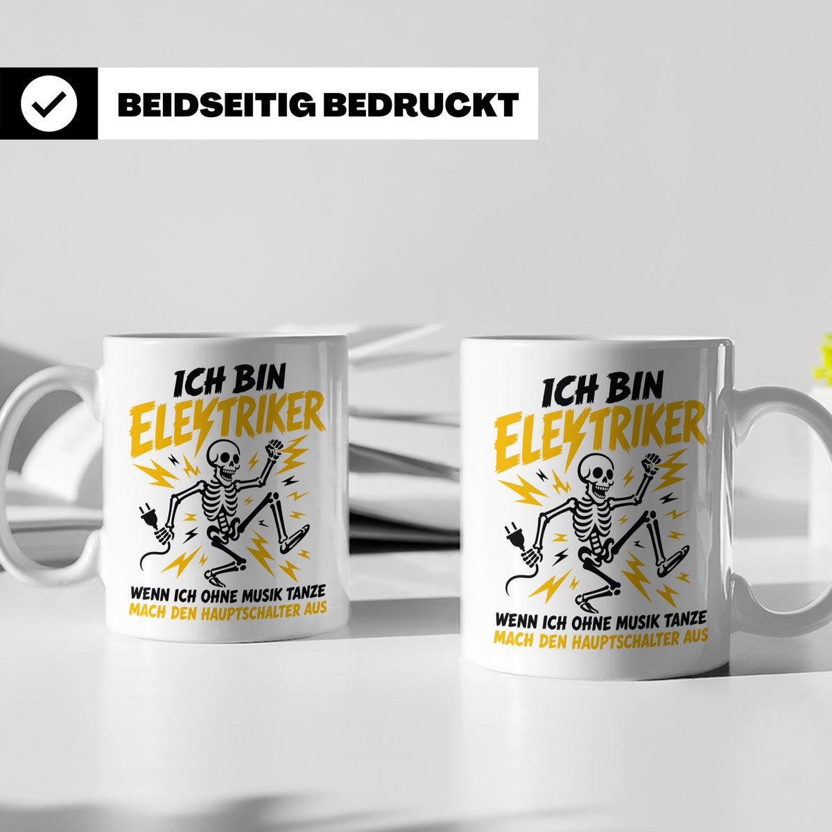 Elektriker Tasse mit lustigem Spruch Skelett Stromschlag, Ge – Weiß [farbe:weiß]