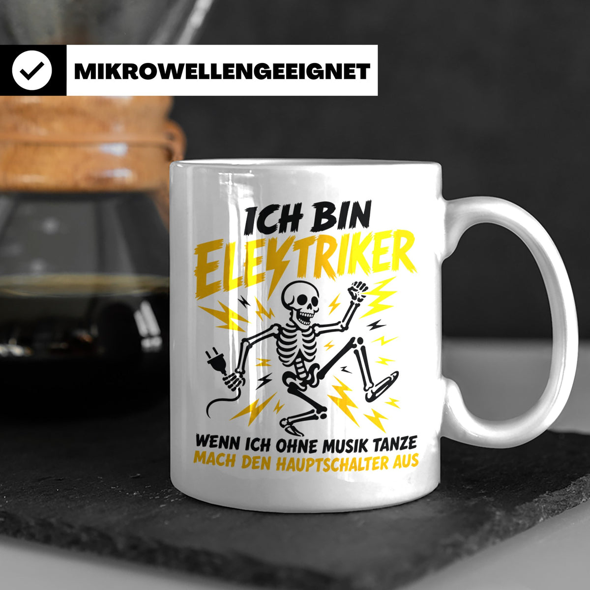 Elektriker Tasse mit lustigem Spruch Skelett Stromschlag, Ge – Weiß [farbe:weiß]
