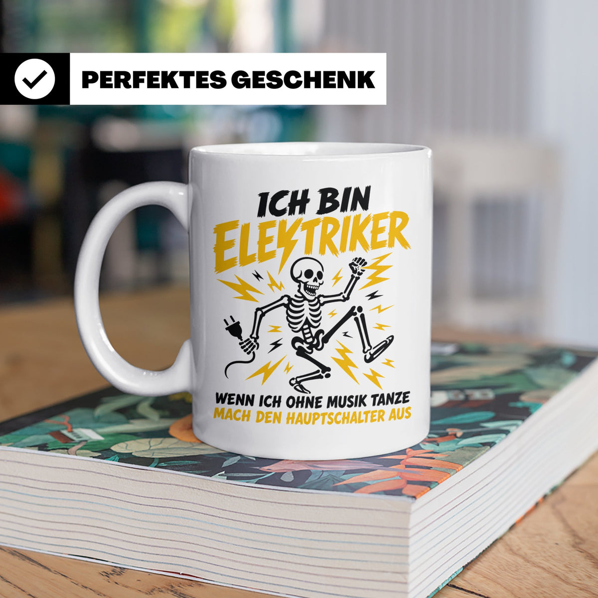 Elektriker Tasse mit lustigem Spruch Skelett Stromschlag, Ge – Weiß [farbe:weiß]