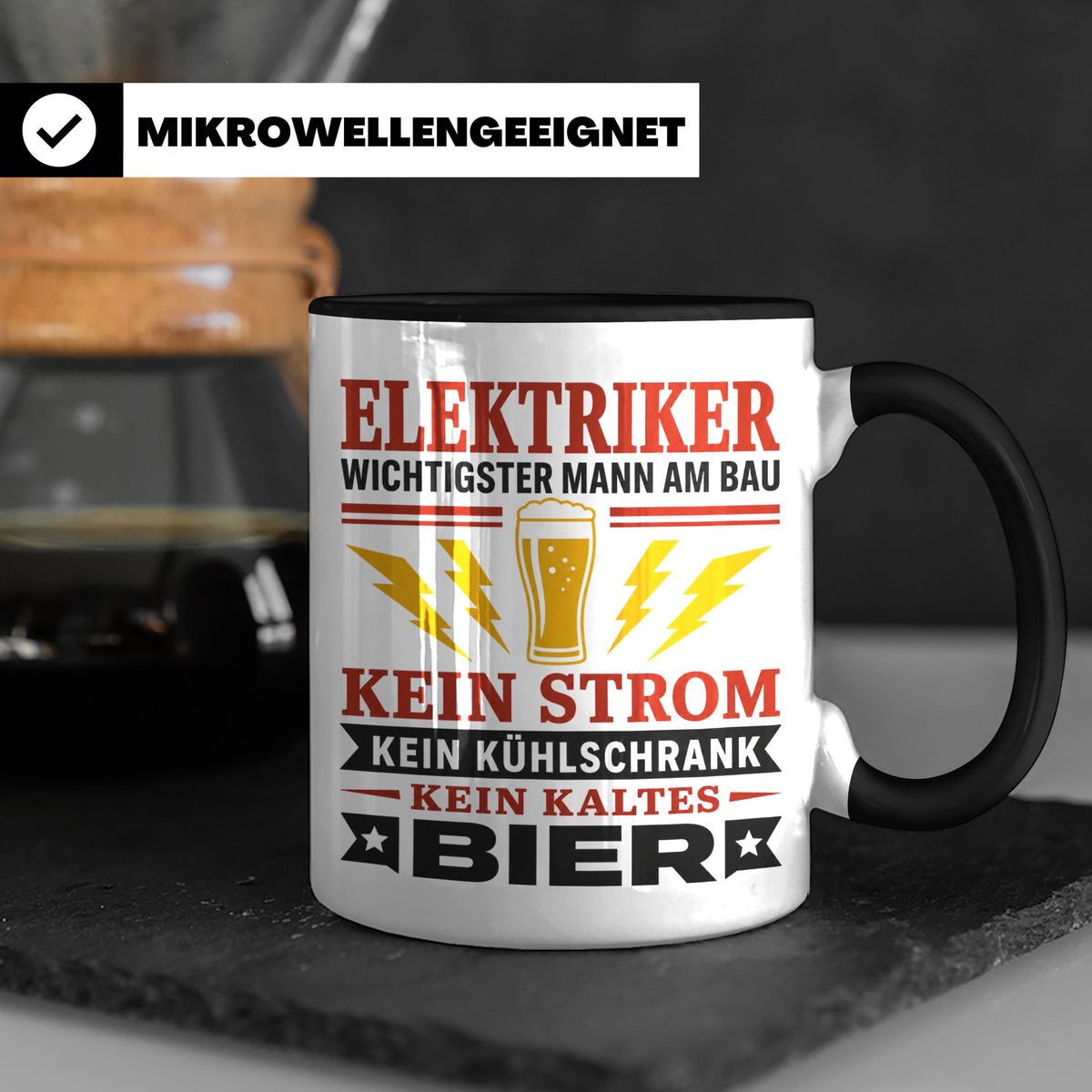 Elektriker Tasse mit Spruch Kein Strom Kein kaltes Bier Gesc – Schwarz [farbe:schwarz]