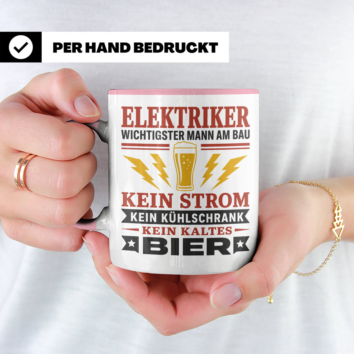 Elektriker Tasse mit Spruch Kein Strom Kein kaltes Bier Gesc – Rosa [farbe:rosa]