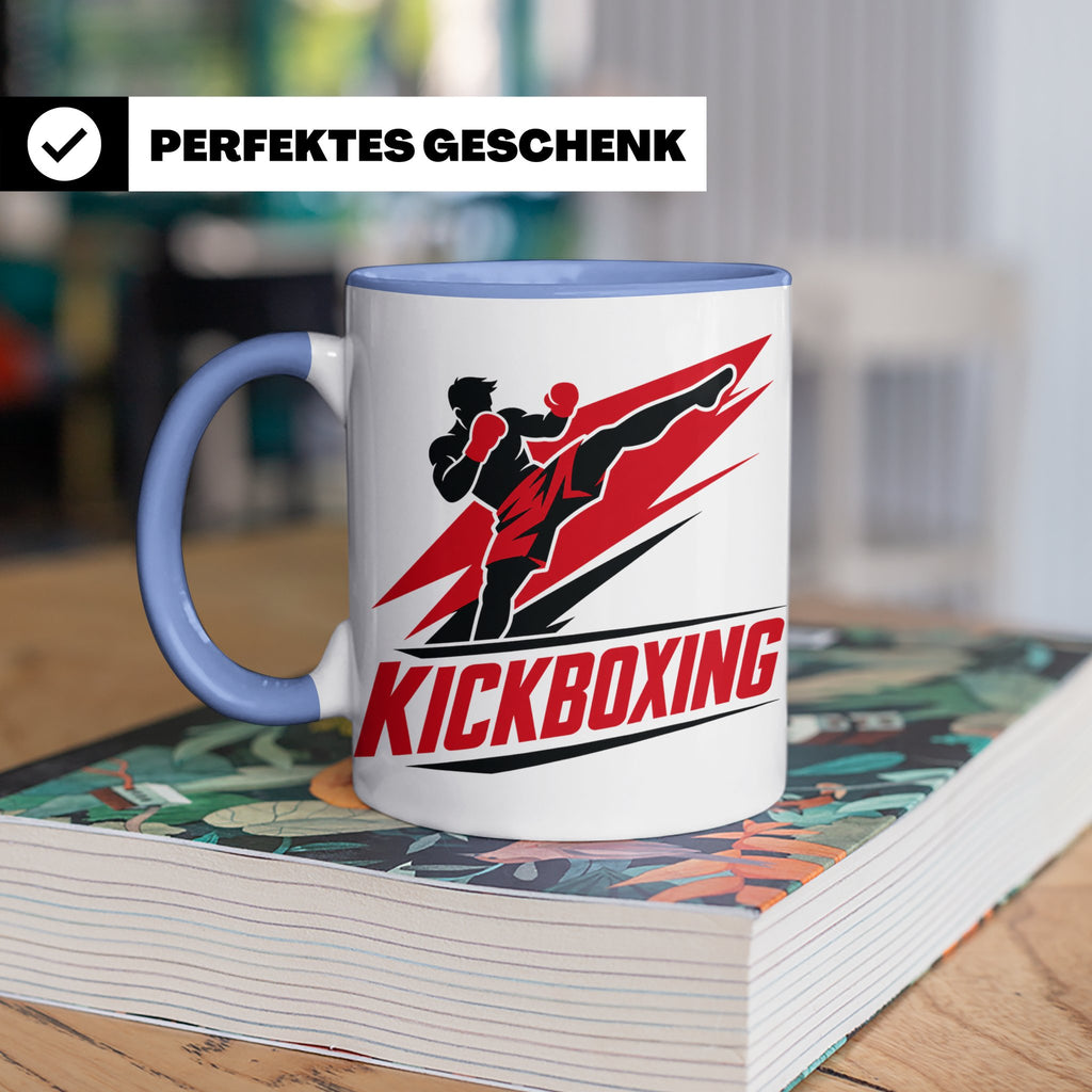 Kickboxen Tasse mit Kämpfer Motiv für Kampfsportler, Geschen – Blau [farbe:blau]