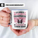 Französische Bulldogge Tasse mit Spruch "Ich arbeite hart".  – Blau [farbe:blau]
