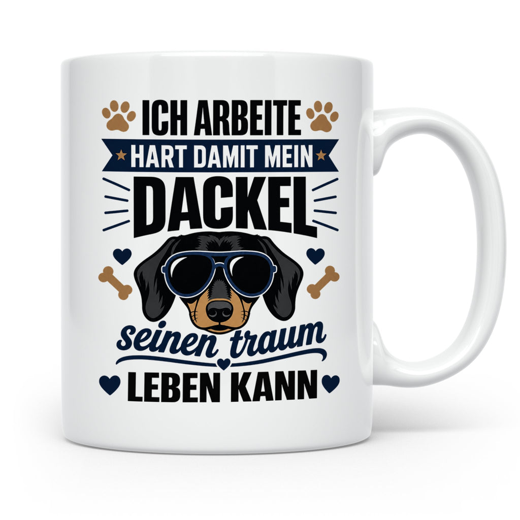 Dackel Tasse mit Spruch Ich arbeite hart damit mein Dackel.. – Weiß [farbe:weiß]