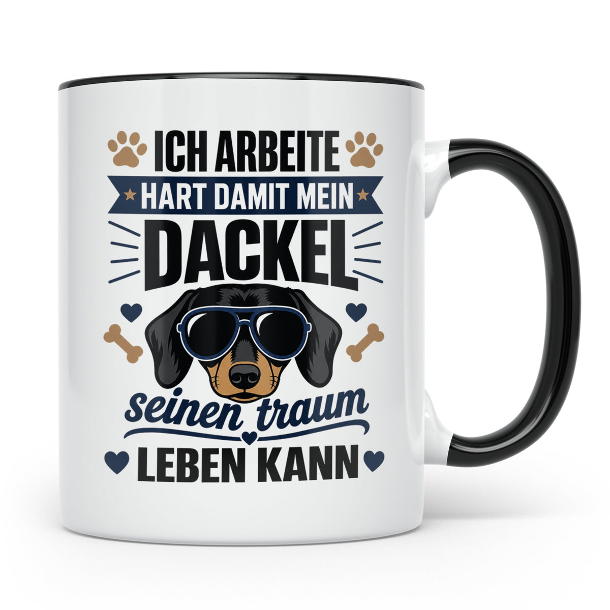 Dackel Tasse mit Spruch Ich arbeite hart damit mein Dackel.. – Schwarz [farbe:schwarz]