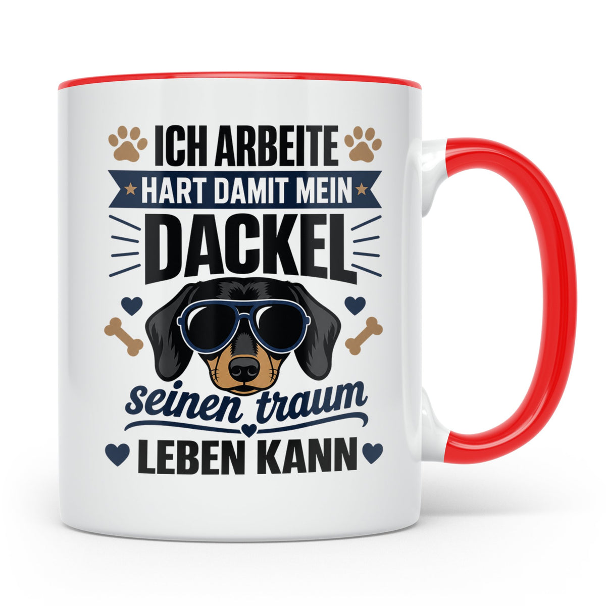 Dackel Tasse mit Spruch Ich arbeite hart damit mein Dackel.. – Rot [farbe:rot]