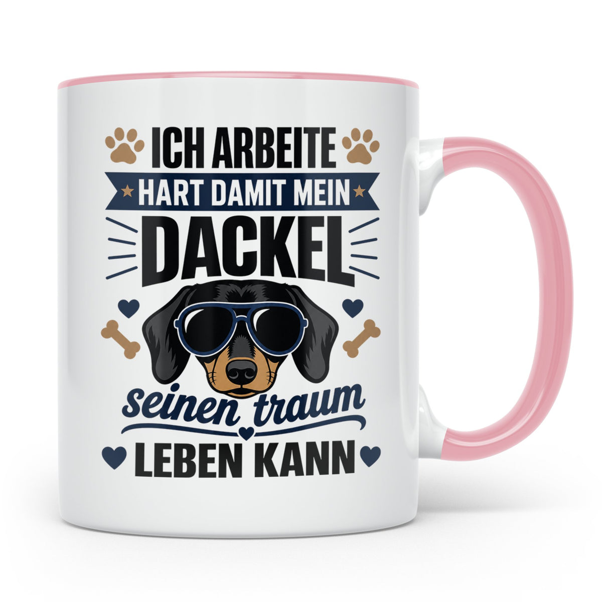 Dackel Tasse mit Spruch Ich arbeite hart damit mein Dackel.. – Rosa [farbe:rosa]