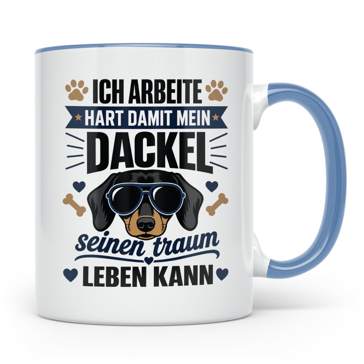 Dackel Tasse mit Spruch Ich arbeite hart damit mein Dackel.. – Blau [farbe:blau]