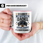 Dackel Tasse mit Spruch Ich arbeite hart damit mein Dackel.. – Rosa [farbe:rosa]