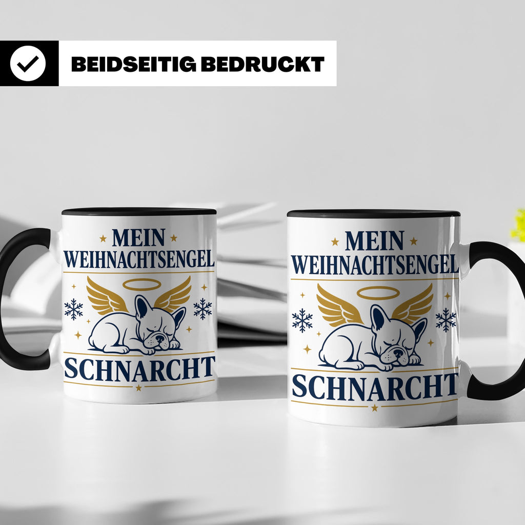 Französische Bulldogge Tasse Mein Weihnachtsengel schnarcht, – Schwarz [farbe:schwarz]