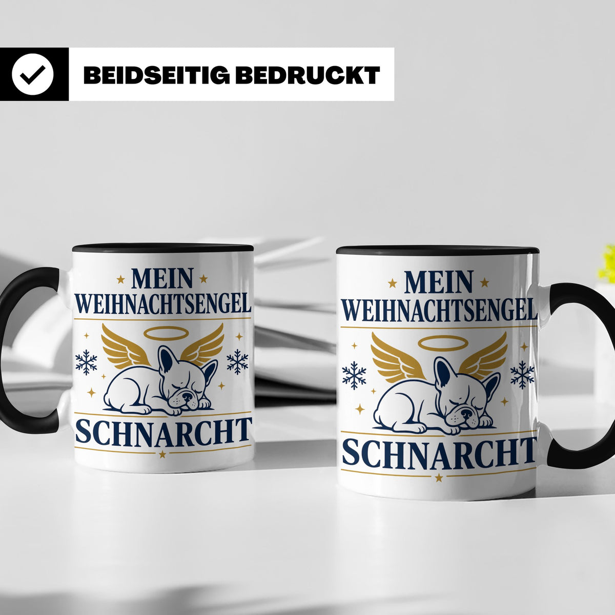 Französische Bulldogge Tasse Mein Weihnachtsengel schnarcht, – Schwarz [farbe:schwarz]