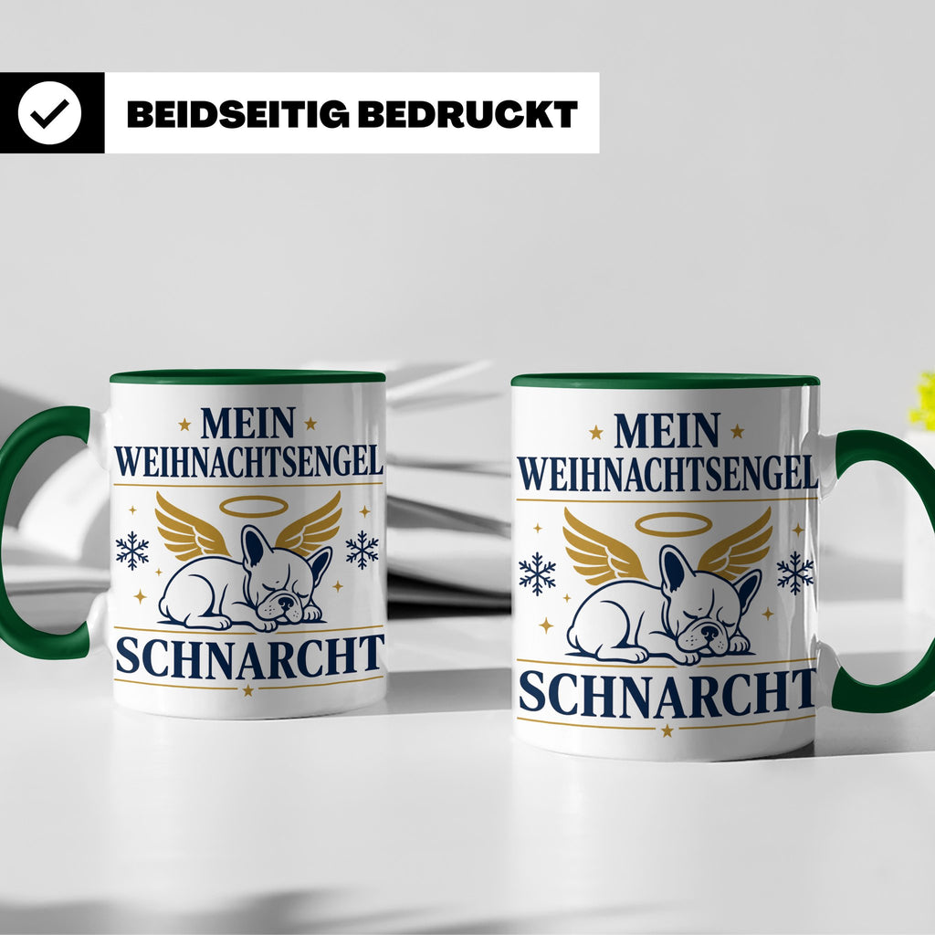Französische Bulldogge Tasse Mein Weihnachtsengel schnarcht, – Grün [farbe:grün]