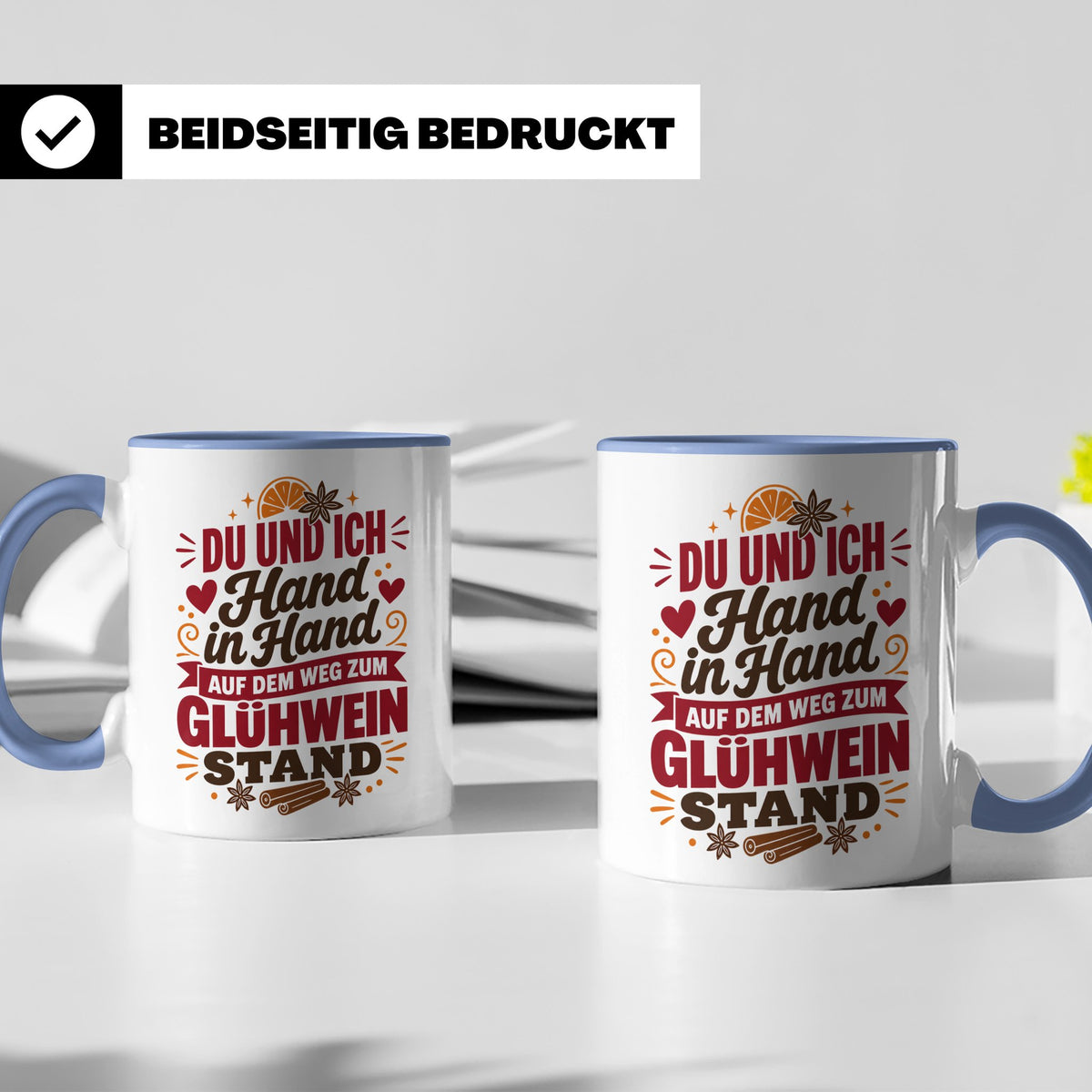 Glühwein Tasse Du und Ich Hand in Hand, lustiger Spruch Weih – Blau [farbe:blau]