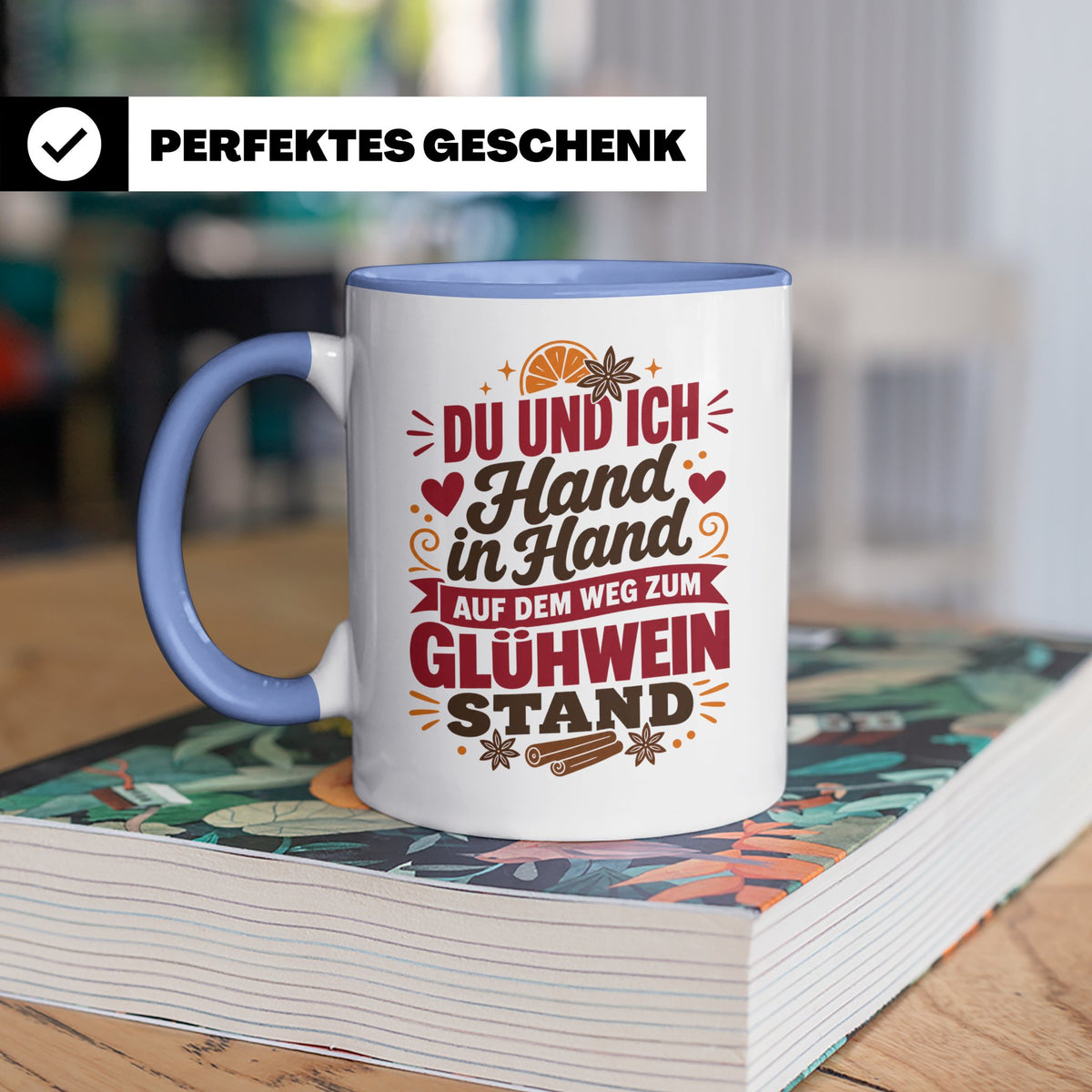 Glühwein Tasse Du und Ich Hand in Hand, lustiger Spruch Weih – Blau [farbe:blau]
