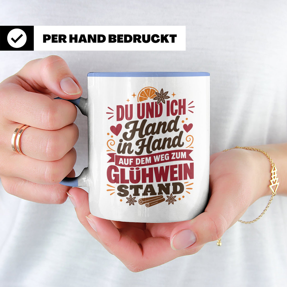Glühwein Tasse Du und Ich Hand in Hand, lustiger Spruch Weih – Blau [farbe:blau]