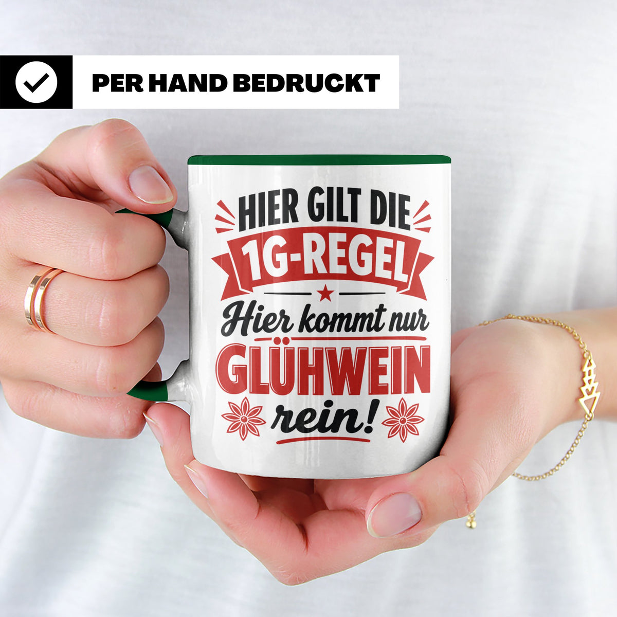 Glühwein Tasse 1G Regel, lustiger Weihnachtsmarkt Becher, Ge – Grün [farbe:grün]