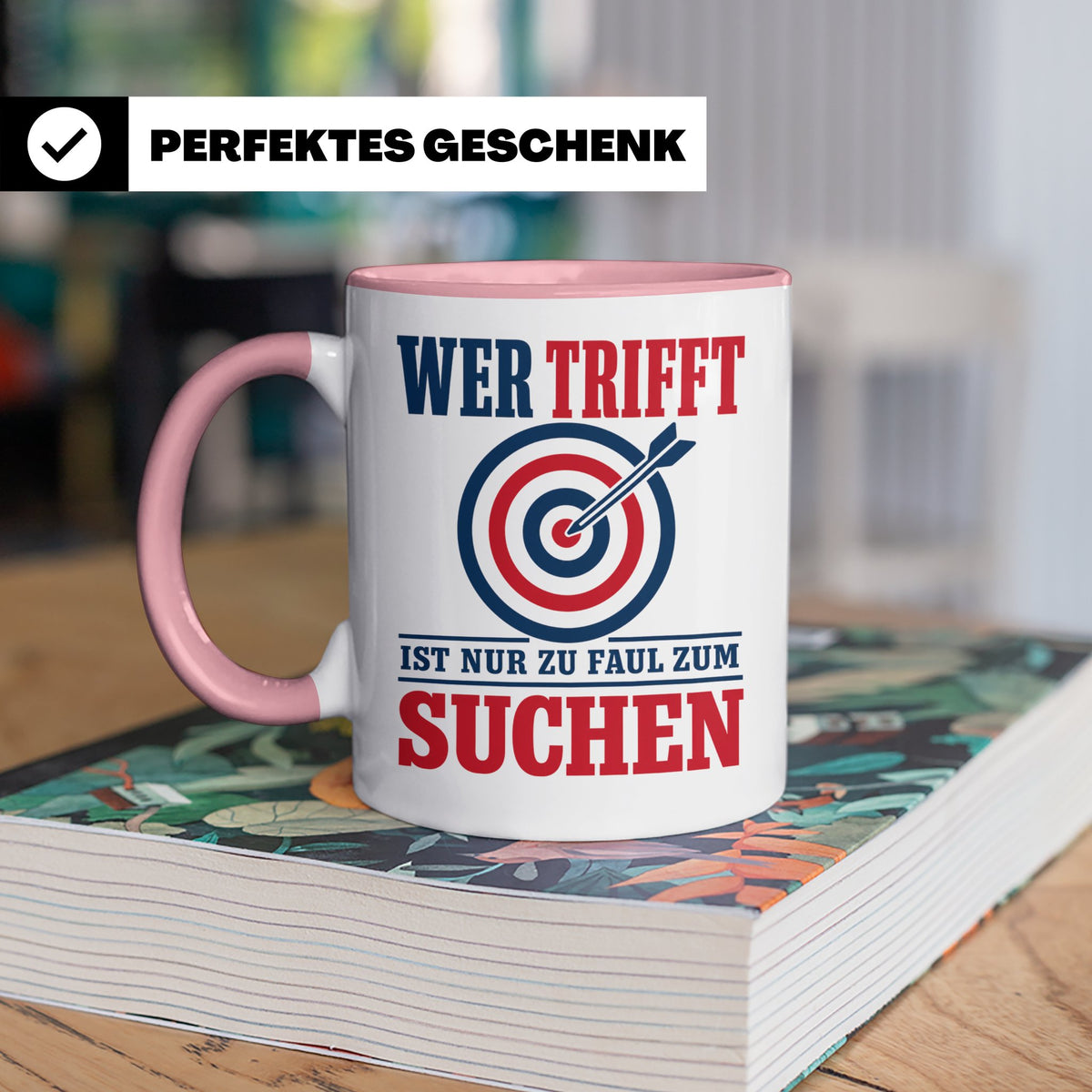Bogenschießen Tasse mit Spruch Wer trifft ist zu faul zum Su – Rosa [farbe:rosa]