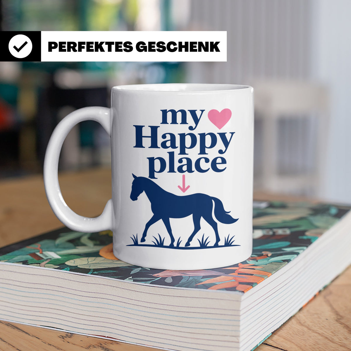 Pferdeliebe Tasse My Happy Place, Reiterin Geschenk, Reitspo – Weiß [farbe:weiß]
