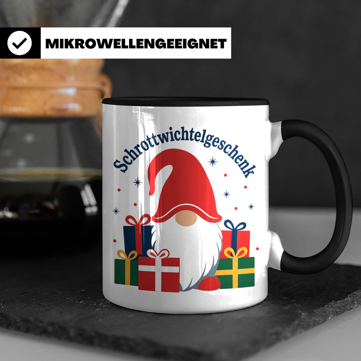 Schrottwichtelgeschenk Tasse für Wichteln auf Weihnachtsfeie – Schwarz [farbe:schwarz]